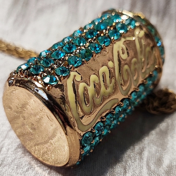 Betsey Betsy Johnson Aquamarine Rhinestone Coca Cola Coke Soda Can Necklace NWT - Picture 10 of 16